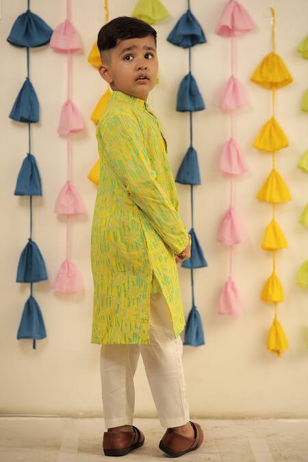 Tiny Colour Yellow Muslin, Cotton Embroidery Hand Block Print Kurta And Pyjama Co-ord Set at Aza Fashions Tiny Colour_Yellow Muslin, Cotton Embroidery Hand Block Print Kurta And Pyjama Co-ord Set _at_Aza_Fashions