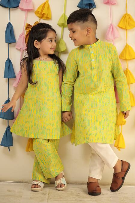 Buy Tiny Colour Yellow Muslin, Cotton Embroidery Hand Block Print Kurta And Pyjama Co-ord Set Buy_Tiny Colour_Yellow Muslin, Cotton Embroidery Hand Block Print Kurta And Pyjama Co-ord Set