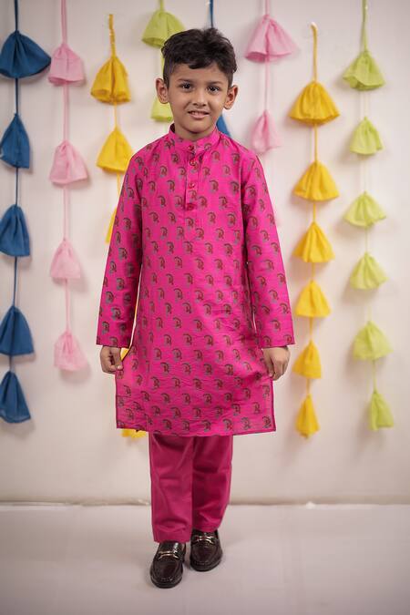 Tiny Colour_Pink Chanderi, Cotton Embroidery Paisley Block Print Kurta With Pyjama _Online_at_Aza_Fashions