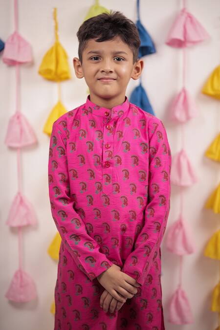 Shop_Tiny Colour_Pink Chanderi, Cotton Embroidery Paisley Block Print Kurta With Pyjama _Online_at_Aza_Fashions