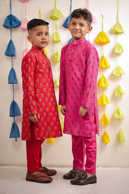 Tiny Colour_Pink Chanderi, Cotton Embroidery Paisley Block Print Kurta With Pyjama _at_Aza_Fashions
