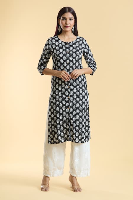 Adara Khan Black Rayon Print Padma Bloom Round Neck Kurta