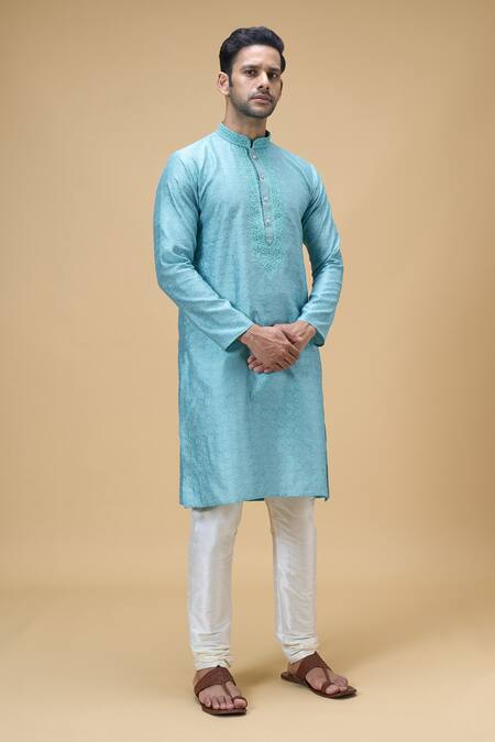 Shop Arihant Rai Sinha Blue Jacquard, Silk Embroidery Floral Pattern Kurta Online at Aza Fashions Shop_Arihant Rai Sinha_Blue Jacquard, Silk Embroidery Floral Pattern Kurta _Online_at_Aza_Fashions