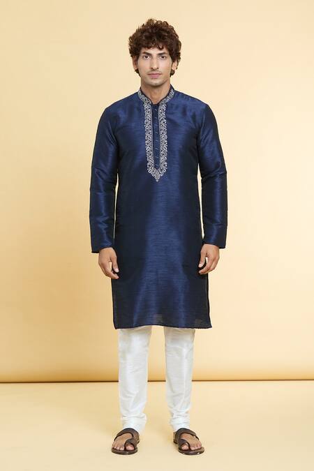 Buy_Arihant Rai Sinha_Blue Chanderi , Embroidery Straight Placket Kurta With Churidar _Online_at_Aza_Fashions