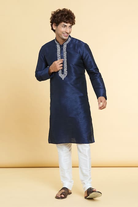 Shop_Arihant Rai Sinha_Blue Chanderi , Embroidery Straight Placket Kurta With Churidar _Online_at_Aza_Fashions