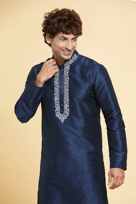Arihant Rai Sinha_Blue Chanderi , Embroidery Straight Placket Kurta With Churidar _at_Aza_Fashions