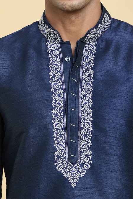 Buy_Arihant Rai Sinha_Blue Chanderi , Embroidery Straight Placket Kurta With Churidar 