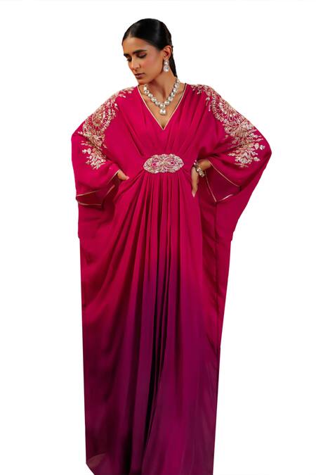 Buy_Adi By Aditya Khandelwl_Purple Georgette Organza Embroidery Gota V-neck Pitta Ombre Kaftan 