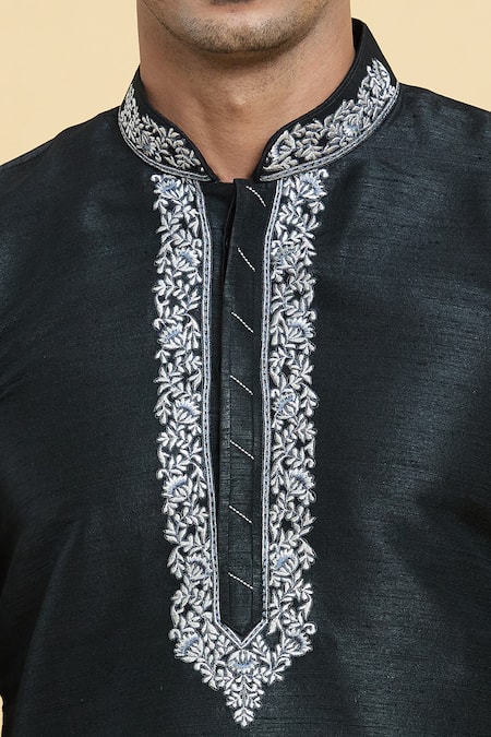 Buy_Arihant Rai Sinha_Black Chanderi , Embroidery Placket Kurta With Churidar 