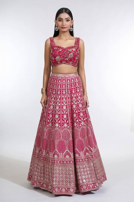Buy_Meenagurnam_Magenta Georgette Embroidery, Zari, Sequins Phoolbahar Bridal Lehenga Set _Online_at_Aza_Fashions