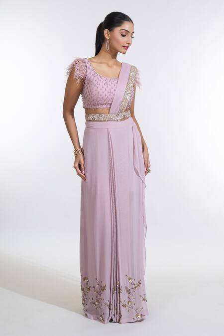 Meenagurnam Purple Net, Georgette Blast Border Embellished Pre-draped Skirt Saree Set at Aza Fashions Meenagurnam_Purple Net, Georgette Blast Border Embellished Pre-draped Skirt Saree Set _at_Aza_Fashions