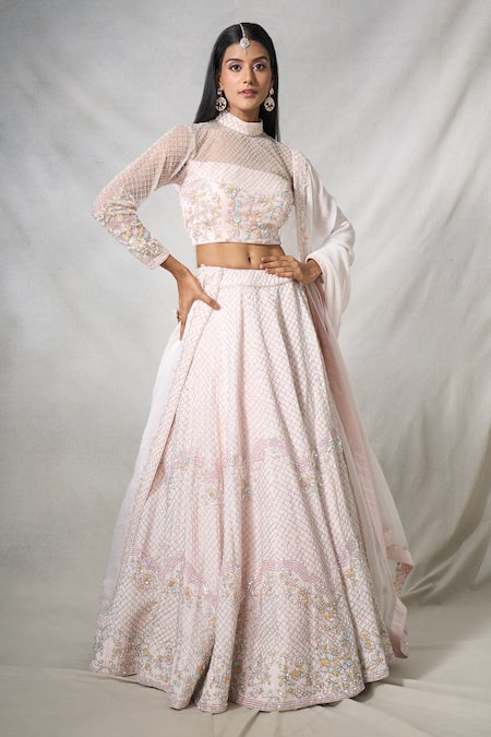 PANIHARI Pink Lehenga Dupion Silk Embroidered Sequin High Neck Floral Set 