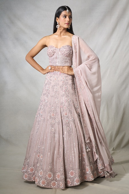 PANIHARI Pink Organza Embroidered Sequin Tube Floral Leaf Lehenga With Blouse 