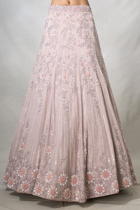 Panihari_Pink Organza Pearls, Sequins, Floral Leaf Embroidered Lehenga With Tube Blouse _Online_at_Aza_Fashions