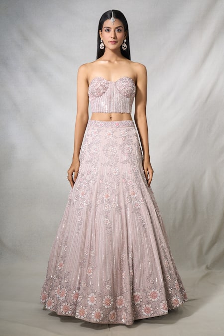Buy_Panihari_Pink Organza Pearls, Sequins, Floral Leaf Embroidered Lehenga With Tube Blouse _Online_at_Aza_Fashions