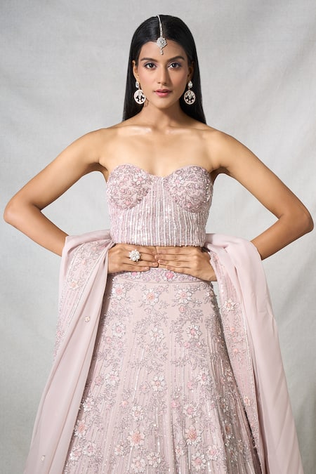 Panihari_Pink Organza Pearls, Sequins, Floral Leaf Embroidered Lehenga With Tube Blouse _at_Aza_Fashions