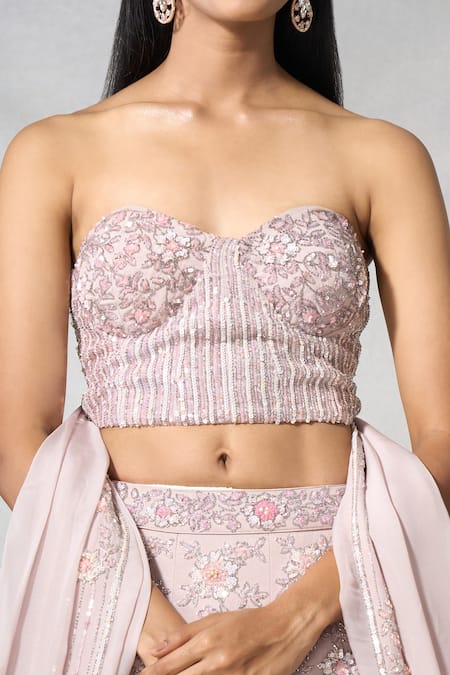 Buy_Panihari_Pink Organza Pearls, Sequins, Floral Leaf Embroidered Lehenga With Tube Blouse 
