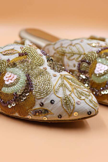 Foot Fuel_Gold Sequins, Zari, Embroidery Eleanor Embellished Mules _Online_at_Aza_Fashions
