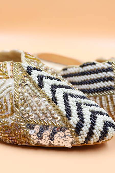 Foot Fuel Gold Cut Work, Sequins, Beads, Zari Aubrey Embellished Mules Online at Aza Fashions Foot Fuel_Gold Cut Work, Sequins, Beads, Zari Aubrey Embellished Mules _Online_at_Aza_Fashions