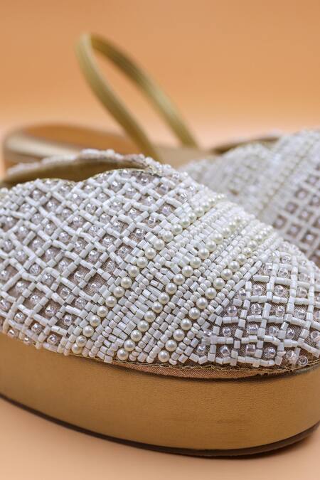 Foot Fuel_White Cut Work, Beads, Zari Embellished Mules _Online_at_Aza_Fashions