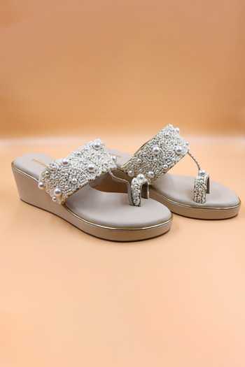 Buy Foot Fuel Beige Sequins, Beads, Zari Maya Embellished Kolhapuri Wedges at Aza Fashions Buy_Foot Fuel_Beige Sequins, Beads, Zari Maya Embellished Kolhapuri Wedges _at_Aza_Fashions