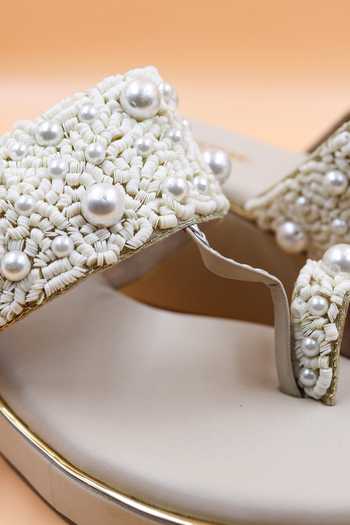 Foot Fuel Beige Sequins, Beads, Zari Maya Embellished Kolhapuri Wedges Online at Aza Fashions Foot Fuel_Beige Sequins, Beads, Zari Maya Embellished Kolhapuri Wedges _Online_at_Aza_Fashions