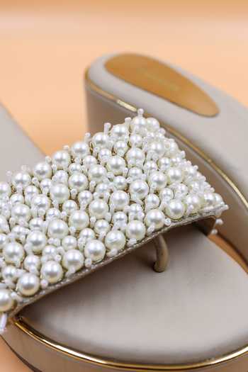 Foot Fuel_Beige Cut Work, Beads, Zari Willow Embellished Wedges _Online_at_Aza_Fashions