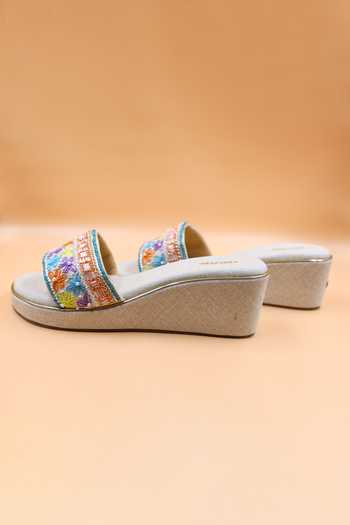 Shop Foot Fuel Multi Color Cut Work, Beads, Zari Kinsley Embellished Wedges at Aza Fashions Shop_Foot Fuel_Multi Color Cut Work, Beads, Zari Kinsley Embellished Wedges _at_Aza_Fashions