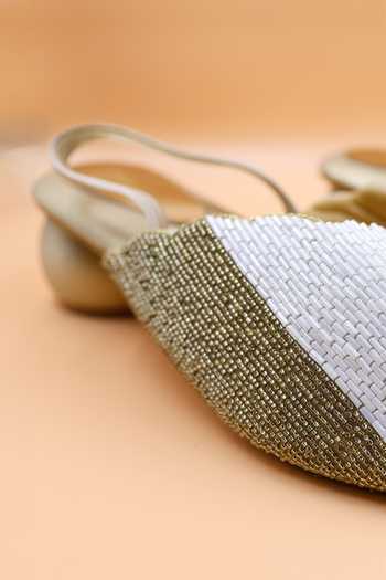 Foot Fuel_Gold Cut Work, Beads, Zari Sarah Embellished Mules _Online_at_Aza_Fashions