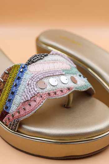 Foot Fuel_Gold Cut Work, Sequins, Beads Ariana Embellished Wedges _Online_at_Aza_Fashions