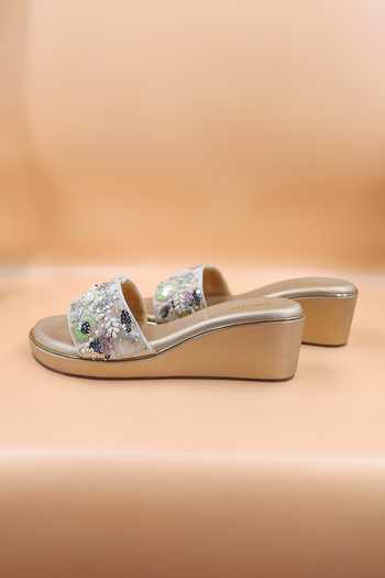 Shop Foot Fuel Gold Sequins, Beads, Zari Madelyn Embellished Wedges at Aza Fashions Shop_Foot Fuel_Gold Sequins, Beads, Zari Madelyn Embellished Wedges _at_Aza_Fashions