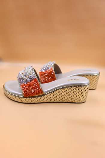 Shop Foot Fuel Gold Sequins, Beads, Zari Adeline Embellished Wedges at Aza Fashions Shop_Foot Fuel_Gold Sequins, Beads, Zari Adeline Embellished Wedges _at_Aza_Fashions