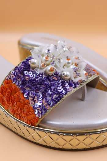 Foot Fuel Gold Sequins, Beads, Zari Adeline Embellished Wedges Online at Aza Fashions Foot Fuel_Gold Sequins, Beads, Zari Adeline Embellished Wedges _Online_at_Aza_Fashions