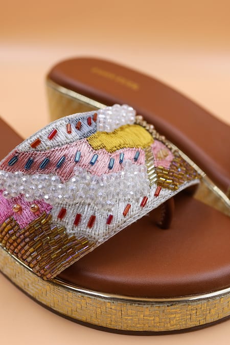 Foot Fuel_Gold Cut Work, Beads, Zari Quinn Embellished Wedges _Online_at_Aza_Fashions