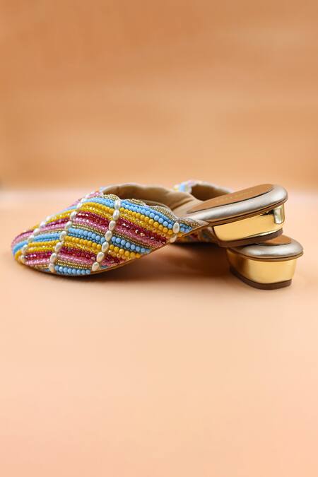 Foot Fuel_Gold Beads, Pearls Ava Embellished Mules _Online_at_Aza_Fashions