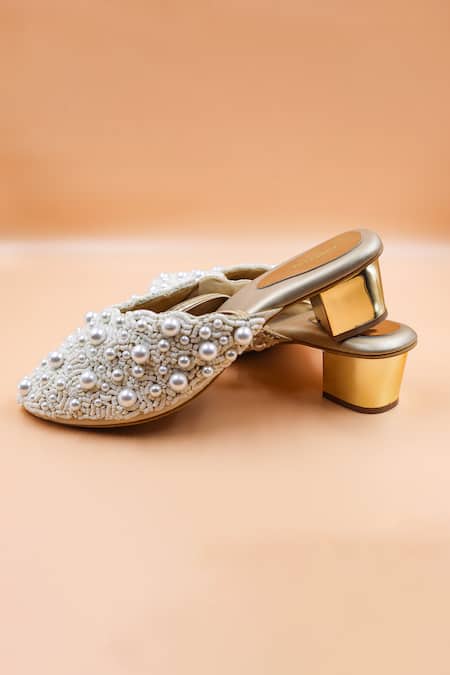 Foot Fuel_Gold Sequins, Pearls Sophia Cluster Embellished Mules _Online_at_Aza_Fashions