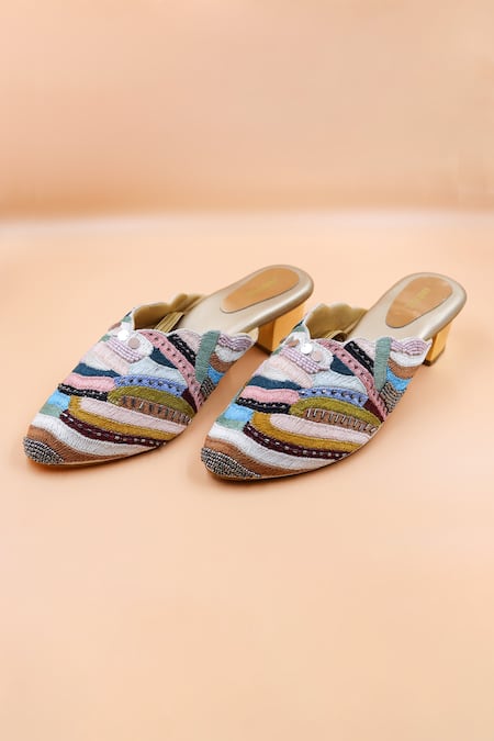 Shop_Foot Fuel_Multi Color Embellished Charlotte Thread Embroidered Mules _at_Aza_Fashions