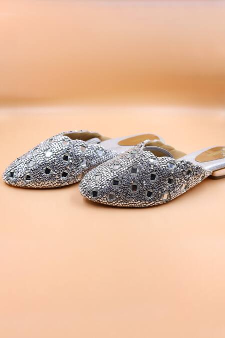 Foot Fuel_Silver Embroidery Mia Mirror Embellished Mules _Online_at_Aza_Fashions