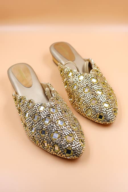 Foot Fuel Gold Embellished Evelyn Mirror Bead Mules 