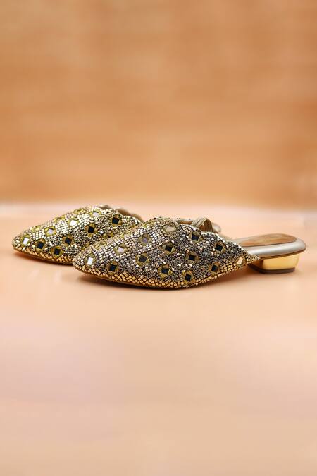 Foot Fuel_Gold Embroidery Evelyn Mirror Bead Embellished Mules _Online_at_Aza_Fashions
