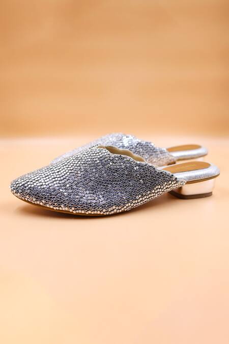 Foot Fuel_Silver Beads Abigail Embellished Mules _Online_at_Aza_Fashions