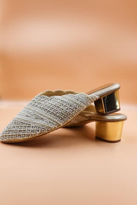 Foot Fuel Elizabeth Checkered Pearl Embellished Mules 