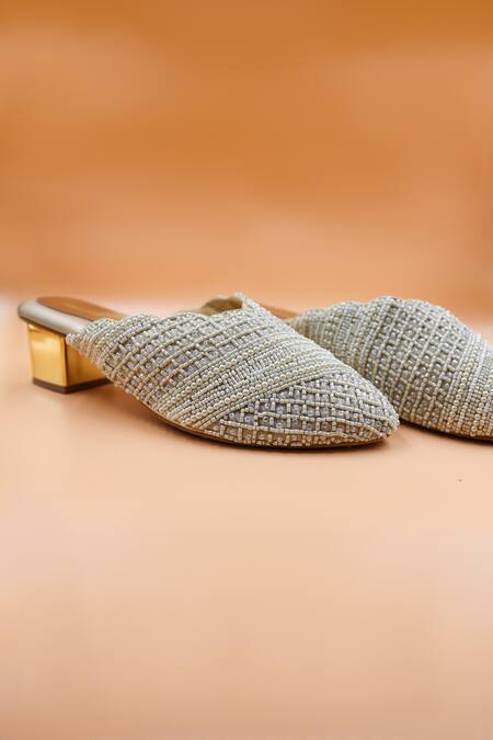 Foot Fuel_Gold Beads, Pearls Elizabeth Checkered Embellished Mules _Online_at_Aza_Fashions