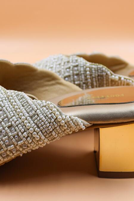 Buy_Foot Fuel_Gold Beads, Pearls Elizabeth Checkered Embellished Mules _Online_at_Aza_Fashions