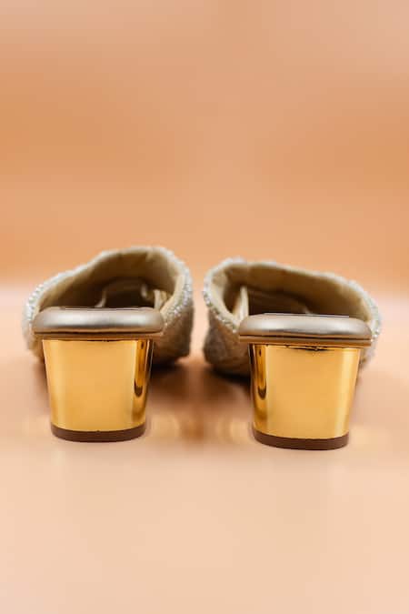Shop_Foot Fuel_Gold Beads, Pearls Elizabeth Checkered Embellished Mules _Online_at_Aza_Fashions