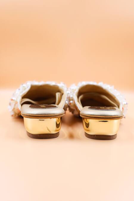 Foot Fuel_Gold Applique, Pearls Mila Embellished Mules _Online_at_Aza_Fashions