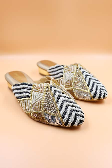 Foot Fuel Gold Embellished Sofia Bead Collage Mules 