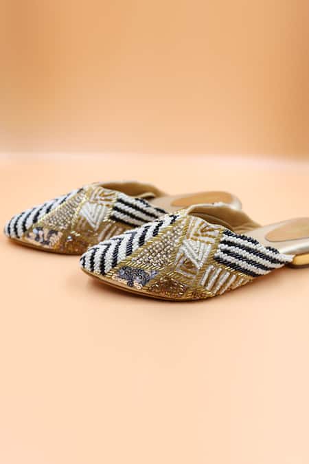 Foot Fuel_Gold Beads, Sequins Sofia Collage Embellished Mules _Online_at_Aza_Fashions