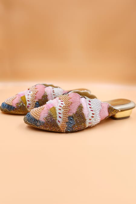 Foot Fuel_Multi Color Embroidery, Beads Madison Mosaic Embellished Mules _Online_at_Aza_Fashions