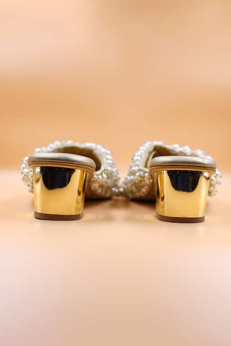 Foot Fuel_Gold Pearls Grace Cluster Embellished Mules _Online_at_Aza_Fashions